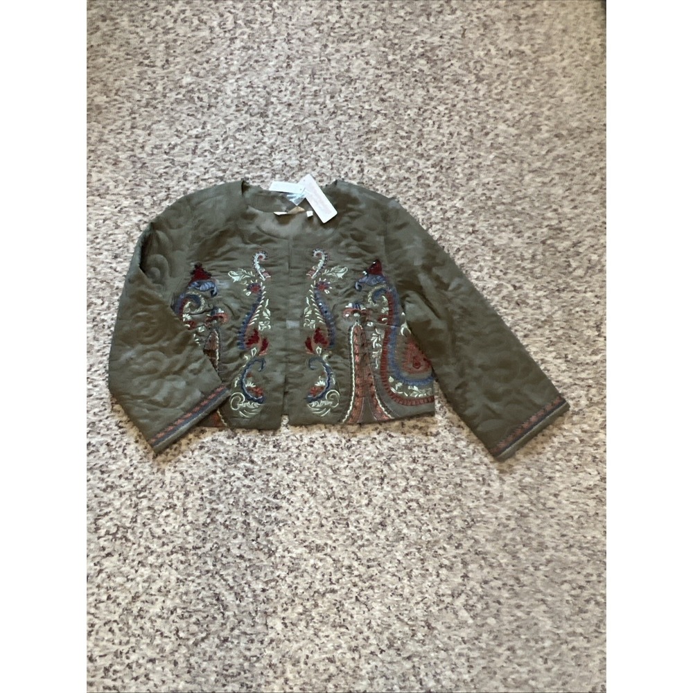 New SOFT SURROUNDINGS Sz M Embroidered BEADED Olive MULTICOLOR CROPPED JACKET